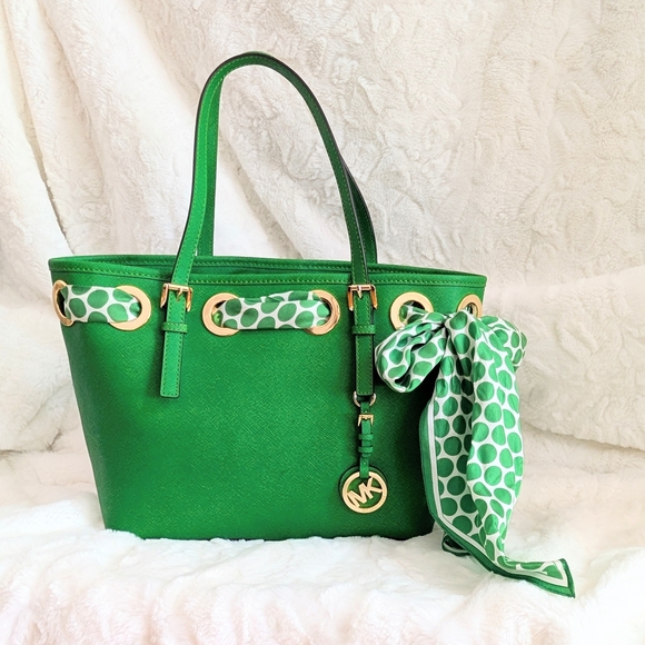 Michael Kors Handbags - Michael Kors Kelly Green Satchel Tote Bag With Polka Dot Scarf HTF RARE COLOR